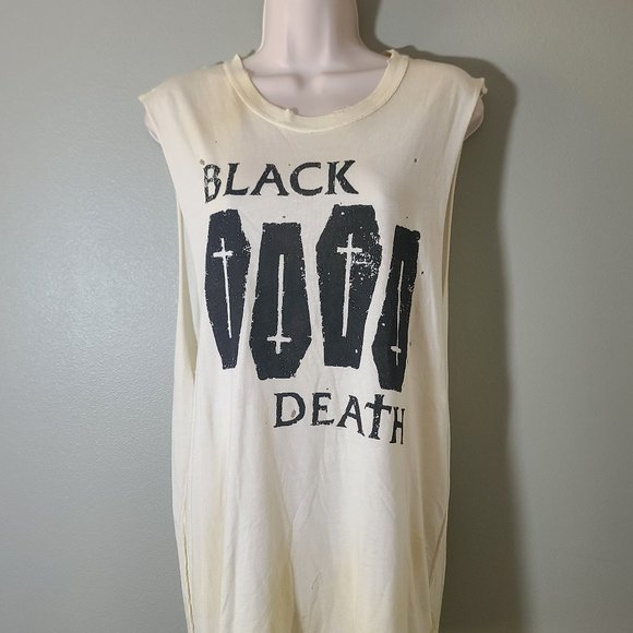 **RARE** Vintage UNIF Black Death Triple Coffin Cross Print Distressed Tank Tee - Picture 2 of 10